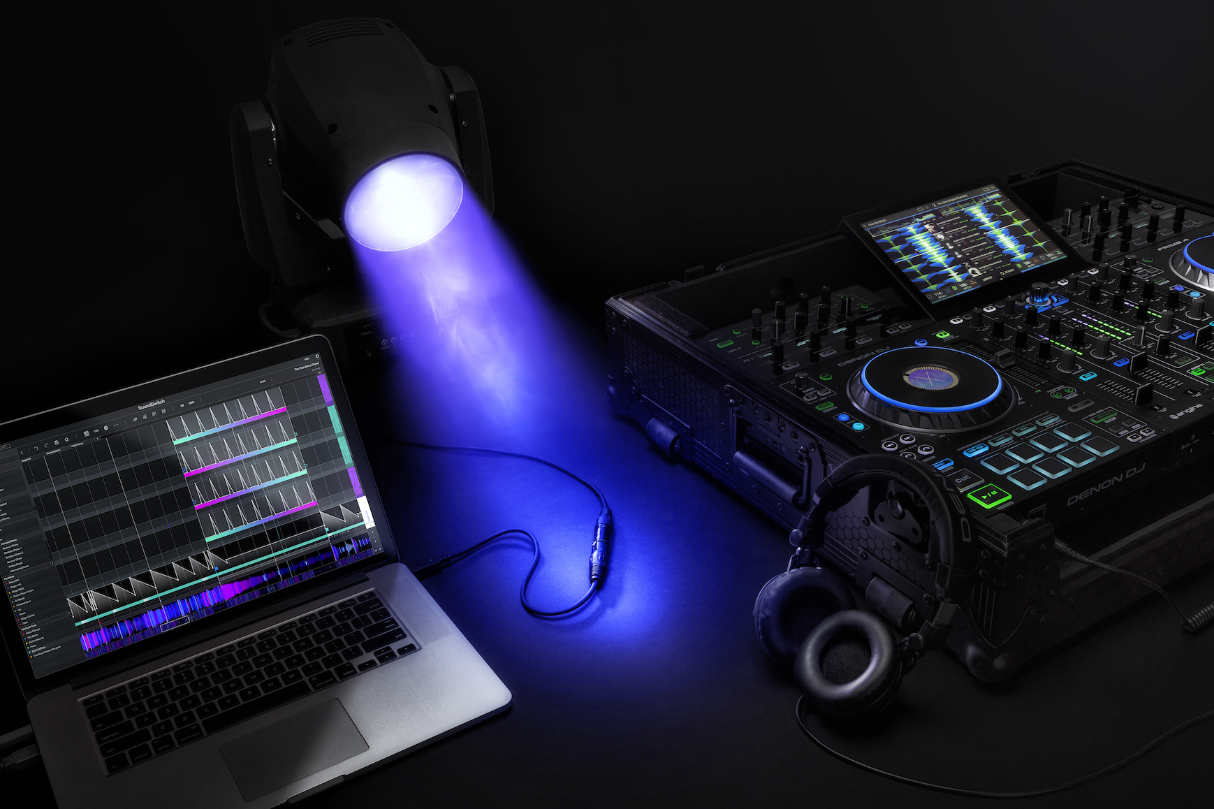 SoundSwitch Micro USB to DMX Interface with Lights a laptop and DJ hardware from Denon DJ the Prime 2